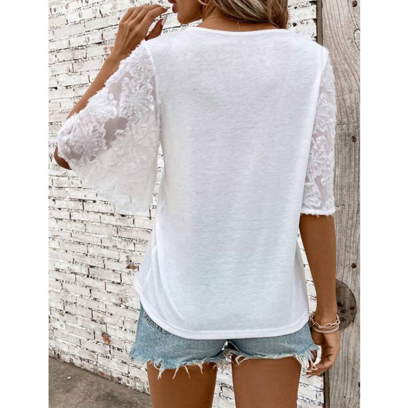 2026 Summer New V-neck Lace Sleeve Loose Women's Casual Solid Color T-shirt