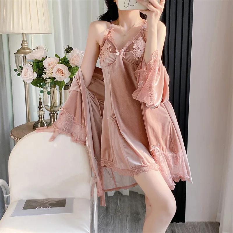 Jesienna Damska Bielizna Nocna Aksamitny 2-częściowy Zestaw Szlafroków Seksowna Czarna Koszulka Nocna na Ramiączkach Lounge Wear Lingerie Koronkowa Koszula Nocna Odzież Domowa