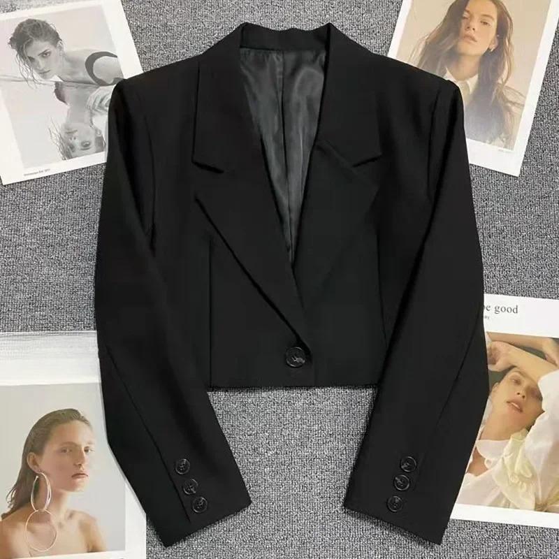 Smvp Black Cropped Blazers Woman Trend All-match Notched Collar Crop Jacket Women Korean Chic Single Button Suit Coat