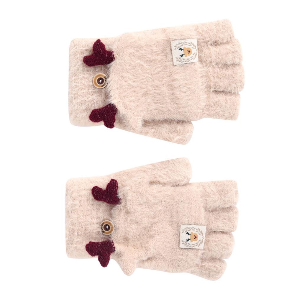Girls Fingerless Gloves Keep Warm Cartoon Pattern Thickened Flip Top Gloves for Winter Beige
