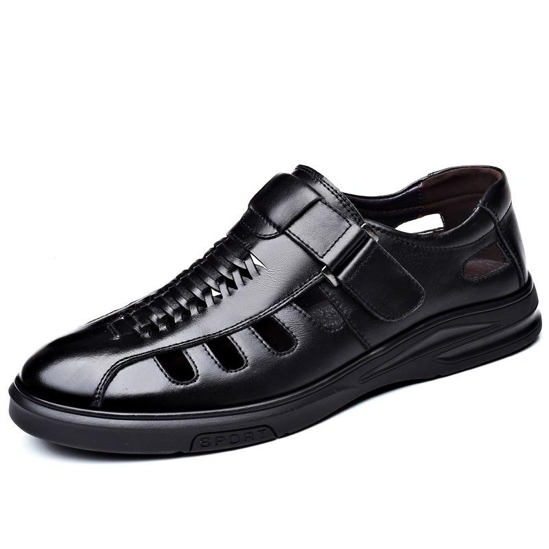 Breathable Men'S Leather Sandals Cowhide Hollow Hole Shoes Casual Soft Sole Dad Sandals