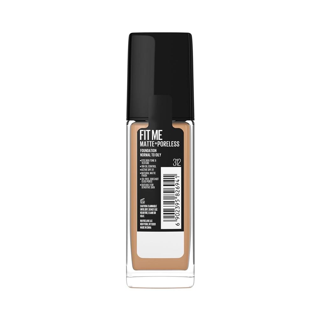 Maybelline New York Fit Me Matte + Poreless Liquid Foundation 312, 30 Ml Pack Of 1 Full Coverage Oil Control SPF 22