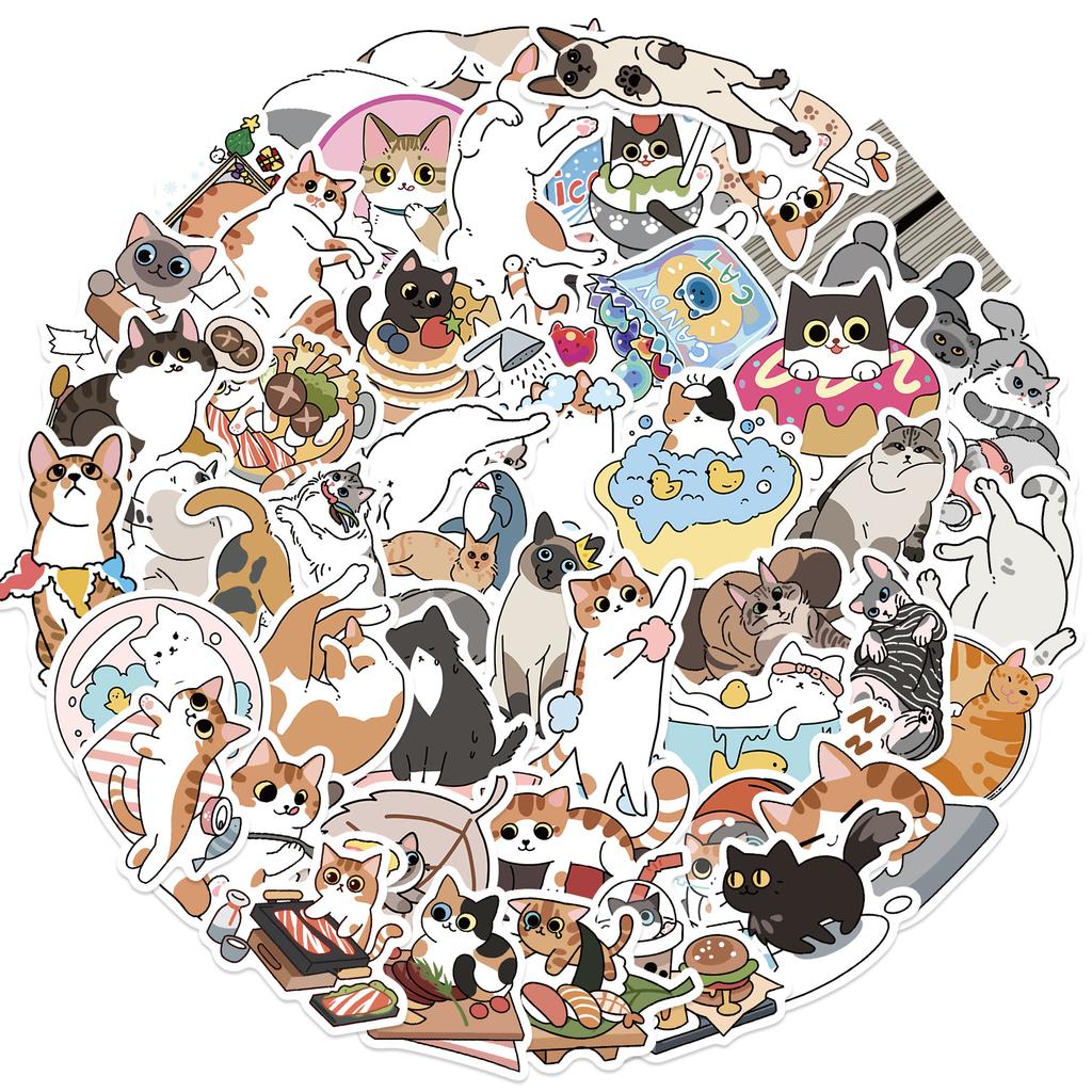 50 Cartoon Watercolor Cat Doodle Stickers Decorate Guitar Notebook Suitcase DIY