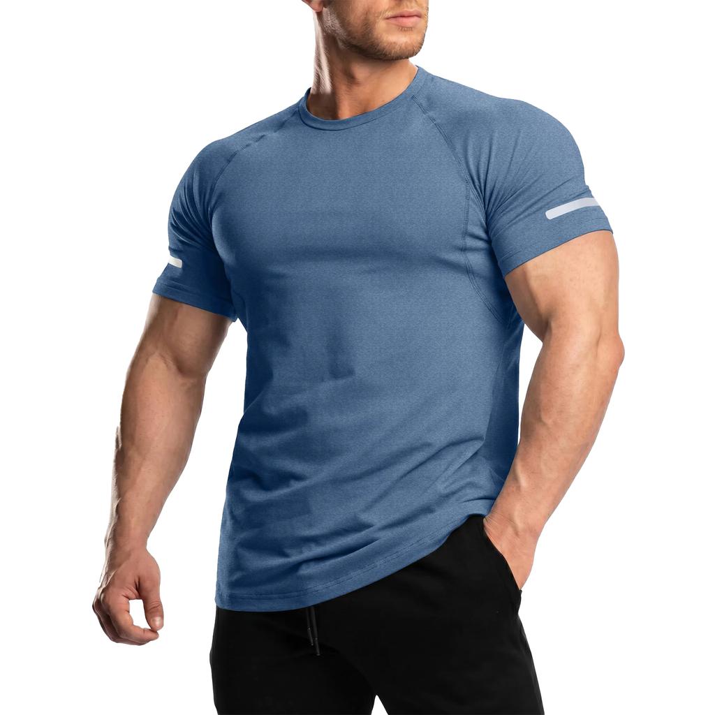 Men's Color Cationic Neck Short Sleeve T-Shirt with Reflective Strip for Outdoor Sports and Casual Wear
