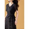Women's Black Jacquard V-Neck Chiffon A-Line Dress
