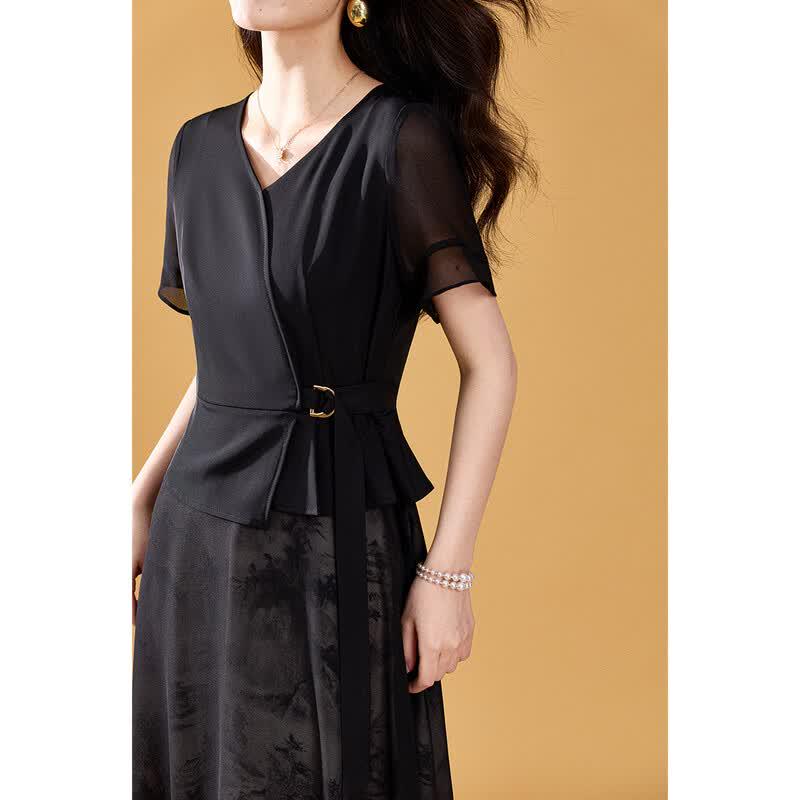 Women's Black Jacquard V-Neck Chiffon A-Line Dress