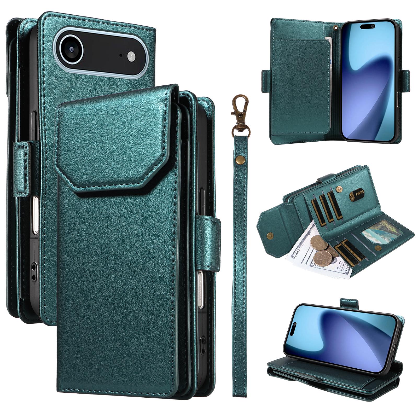 

For iPhone 17 Air Case with Multi-Card Holder and Strap PU Leather Phone Cover Stand Green