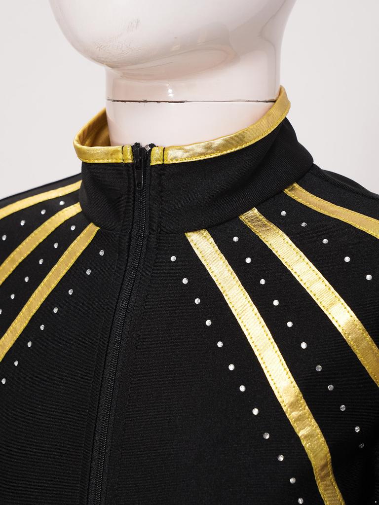 Sweat à capuche enfant scintillant avec strass et rayures métalliques, fermeture éclair, col montant, manches longues pour le patinage artistique, la gymnastique, l'entraînement