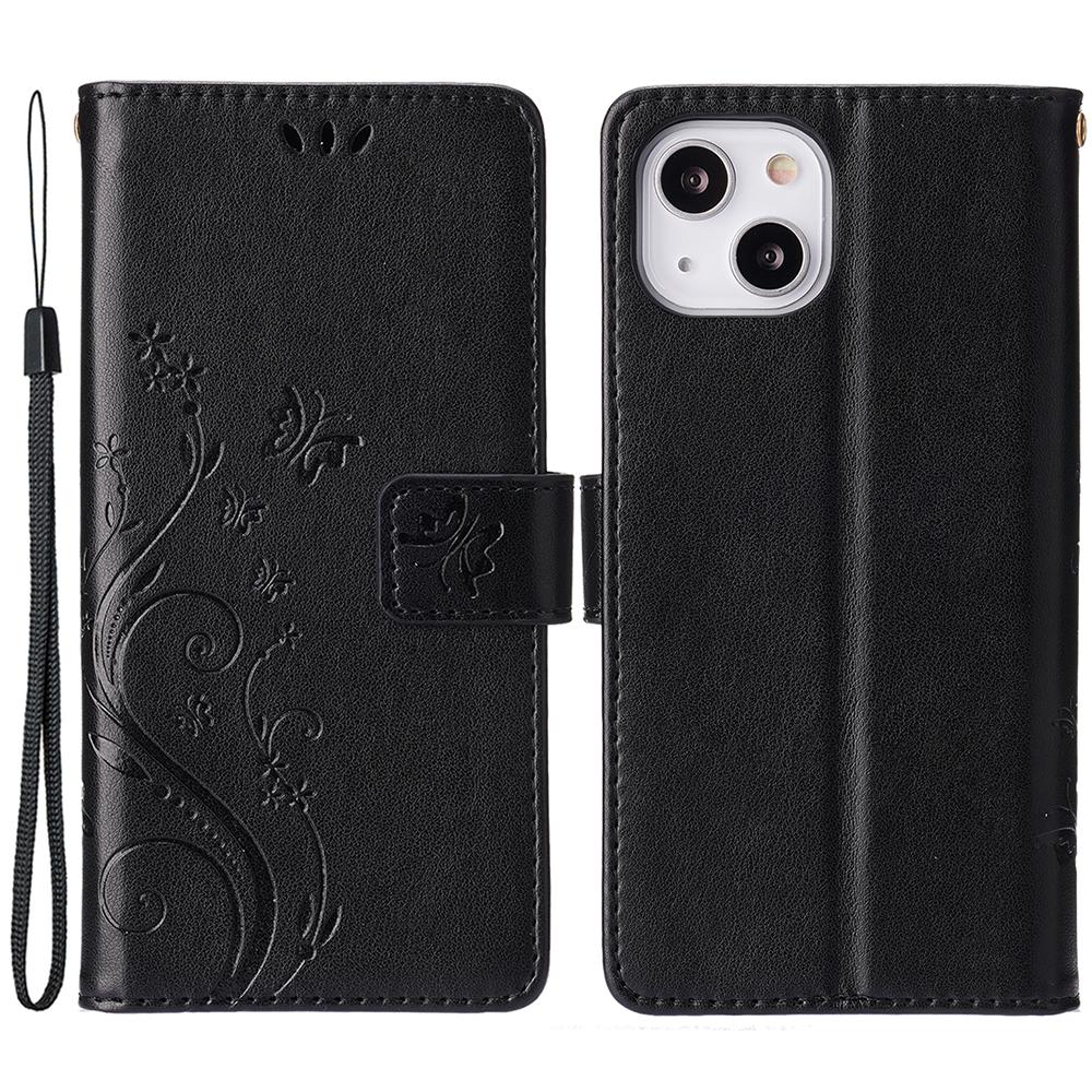 

For iPhone 15 Plus PU Leather Wallet Cover Cell Phone Case Imprinted Butterflies Shell Stand with Strap Black