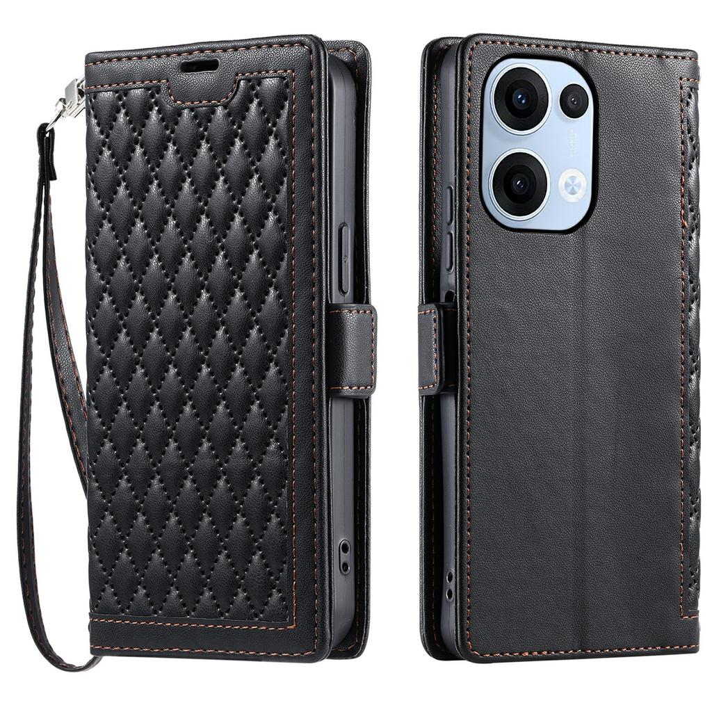 For Oppo Reno13 5G (Global) Leather Case Rhombus Texture Wallet Stand Phone Cover with Wrist Strap