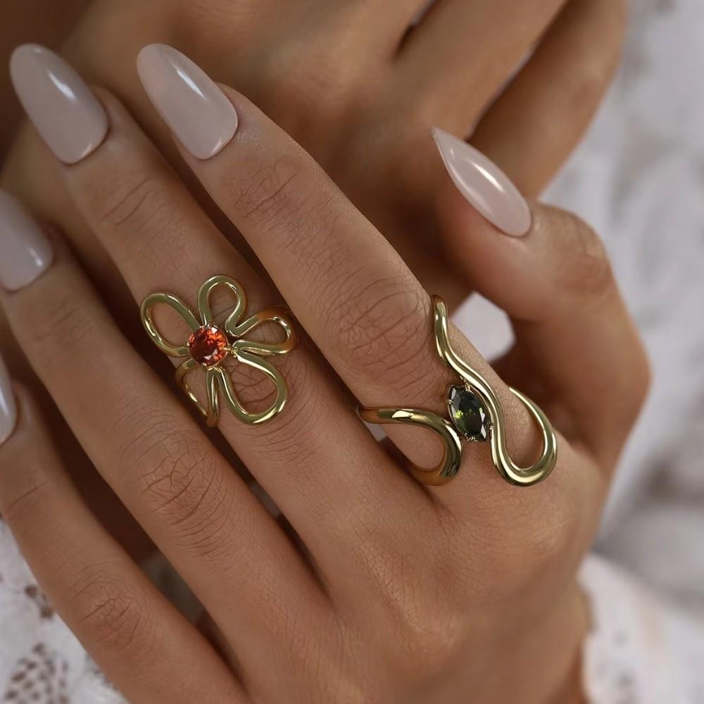 Red Zircon Irregular Stainless Steel Rings Women Hollow Adjustable Rings  Women Accessories
