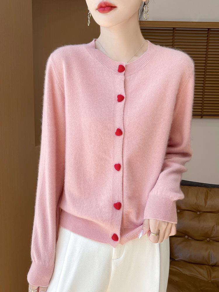Women's 100% Wool Round Neck Long Sleeve Knit Cardigan with Cashmere Inner Layer