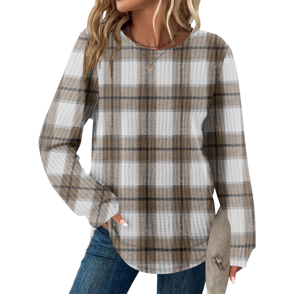 Damrutig tryck rund hals långärmad ledig lös topp