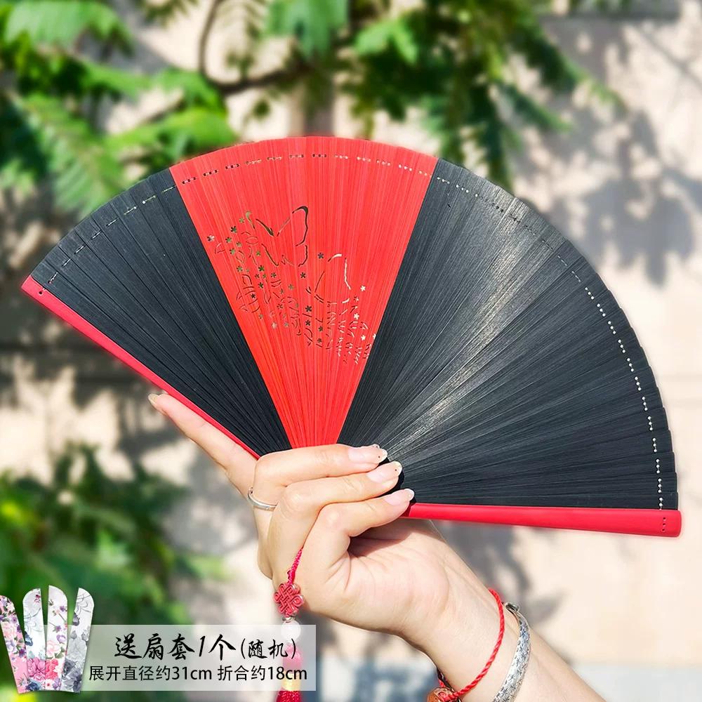 Chinese-Style Dark Green All-Bamboo Fan for Women, Hollow Floral Folding Fan, Ancient Style, Portable, Easy to Open and Close, Hanfu Dance Fan
