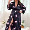 New Love Printed Nightgown Women's Large Size Long Simulated Silk Lace-up Sexy Simulated Silk Loungewear Morning Gown