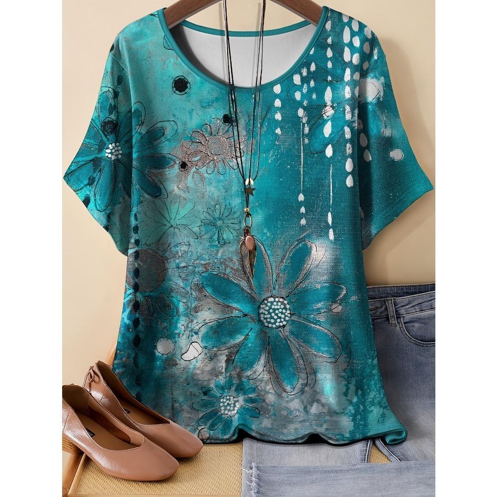 Summer Women’s Fashion Vintage Flower Print 3D Printed T-shirt Loose Breathable Plus-size Casual Sports Versatile Crew Neck Short-sleeve T-shirt S