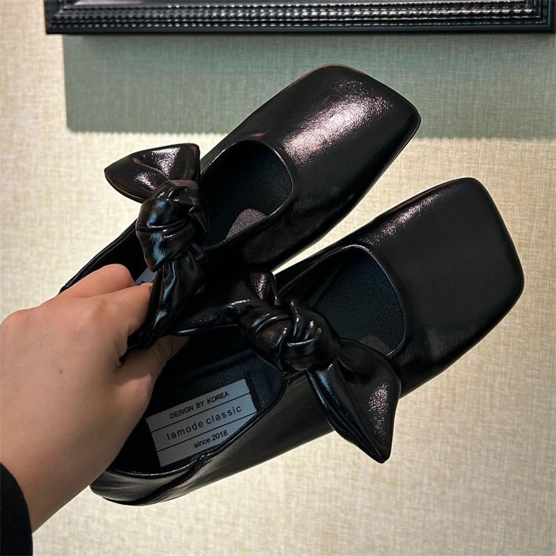 

IPPEUM Women Elegant Leather Mary Jane With Square Toe With Bow Brown Ballet Flats 245 чёрный