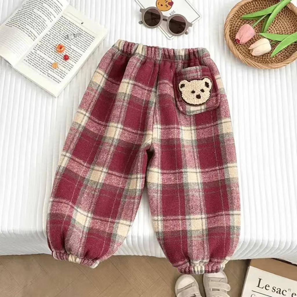 Kinder Karomuster Fleece Sweatpants - Warme Cartoon Applikation, Herbst/Winter, Jungen & Mädchen