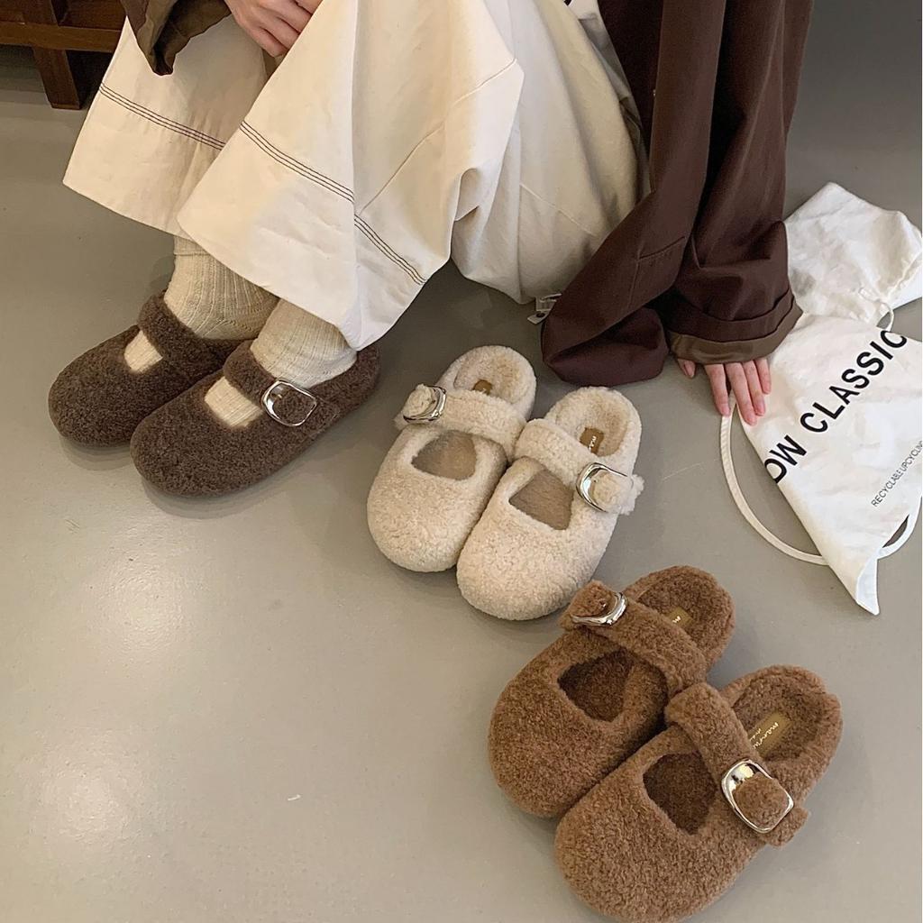 2025 winter new half-mop fluffy shoes for women's outer wear, inner heightening bag head, velvet warm buckle slippers for women