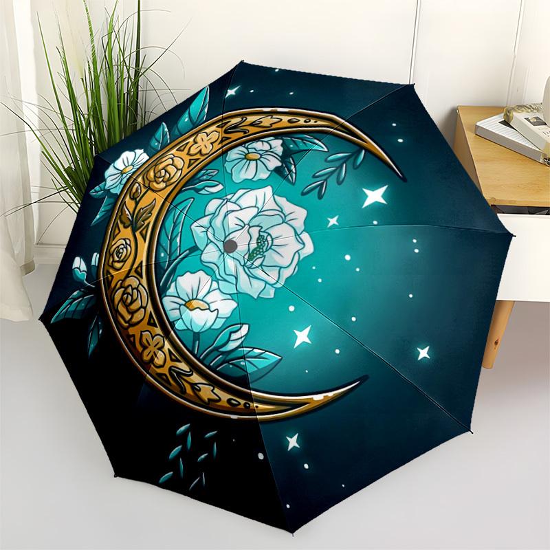 1pc Moon Flowers Automatic Folding Umbrella - Compact 8-Rib Design, Durable Plastic & Iron, Lightweight for Outdoor Daily Use120