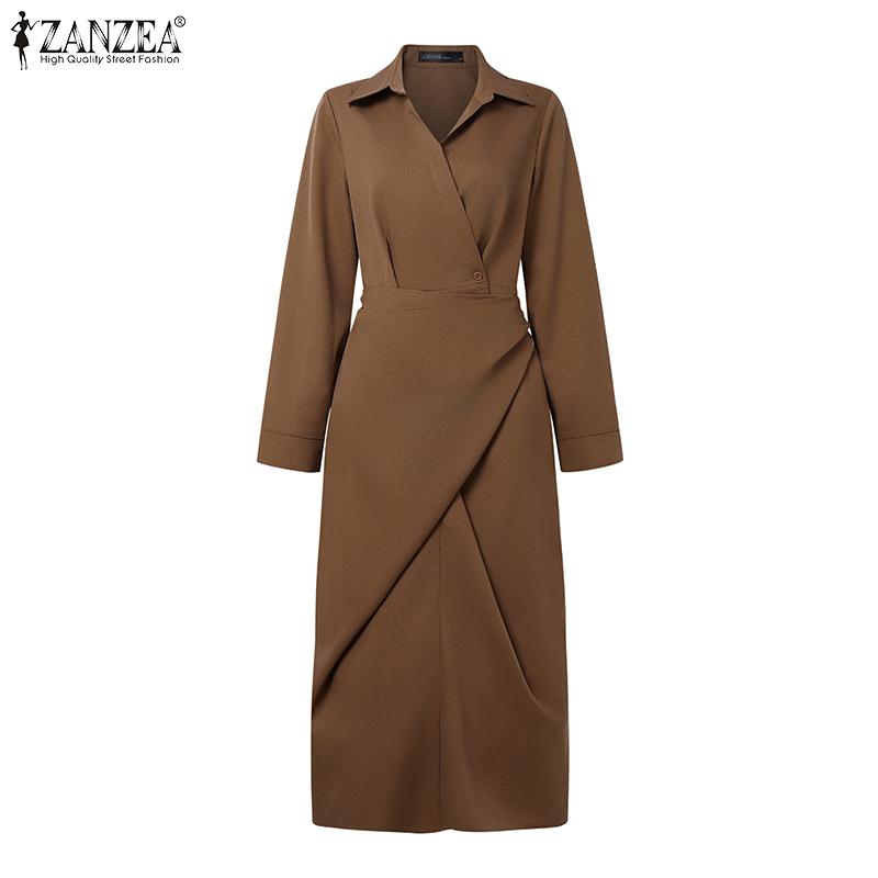 ZANZEA Women Casual Turn Down Collar Elegant Long Sleeve Long Dress