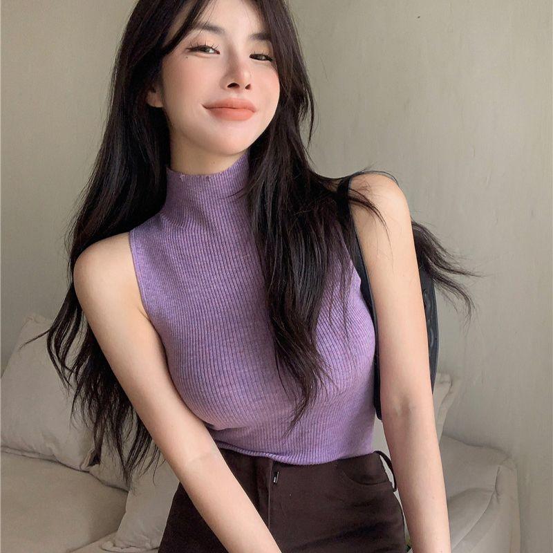 Sexy Hot Girl High Vest Women's Summer Slim Elastic Inner Wear Turtleneck Sleeveless Knitted Base Layer Sweater
