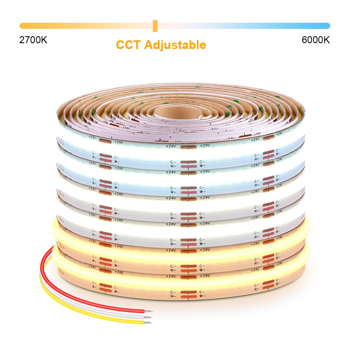 

CCT COB Светодиодная лента 12В 24В 608LEDs/M 2700K-6500K Лента с регулируемой яркостью Светодиодная лента Декор комнаты Шкаф Подсветка телевизора Окружающее освещение DC 24V&1m