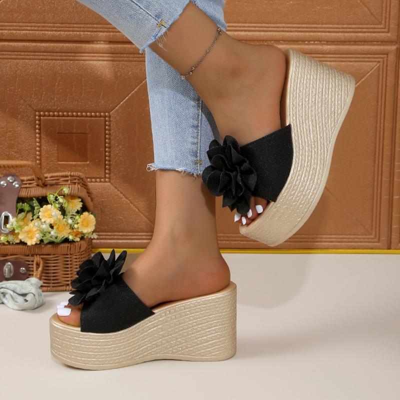 

New Women s Shoes 2024 Fashionable Open Toe Solid Color Women s Slippers Large Size High Heel Flower Decorated Women s Slippers