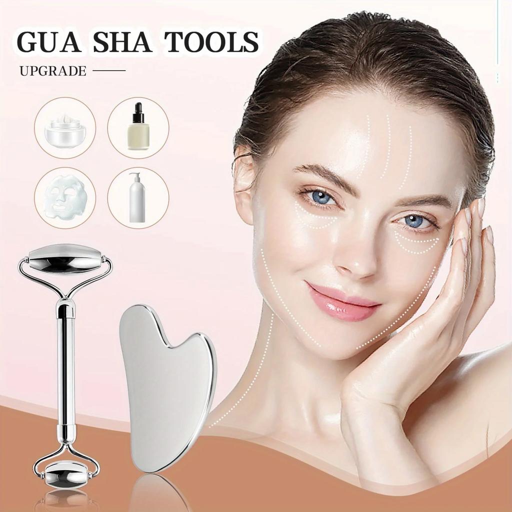 1/2/3 Piece Stainless Steel Facial Roller and Gua Sha Massage Tool Set Metal Beauty Tools for Body, Face, Neck and Eyes