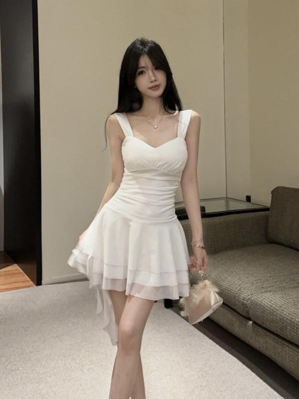 Nightclub Sexy Spaghetti Strap Dress – Low-Cut, Tassel Patchwork, Waist-Cinched, Large Hem Short Skirt