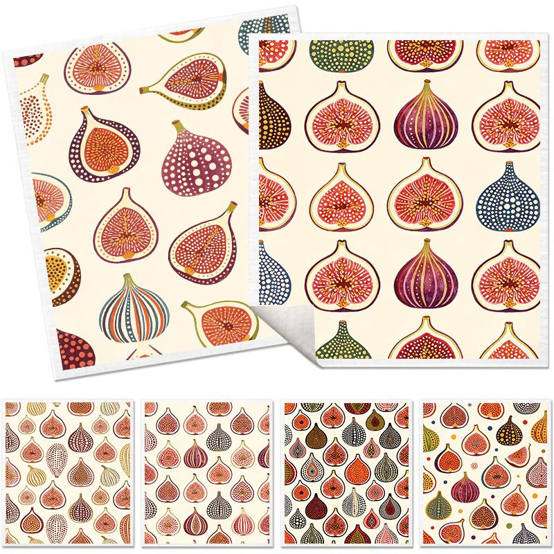 6PCS Cleaning Dishcloths Reusable Kitchen Dish Towels Vintage Fig Fruits Pattern Dishcloth Absorbent Lint Free Cloth Washable Duster Rags Tea Towels