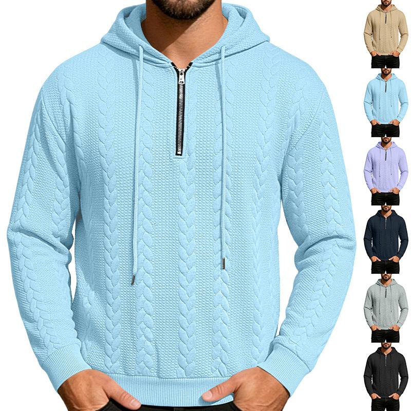 Men's Knit Half Zipper Hoodie Casual Long Sleeve Drawstring Pullover Sweater Solid Color Knitted Hooded Tops for Men Daily Streetwear Sweatshirt