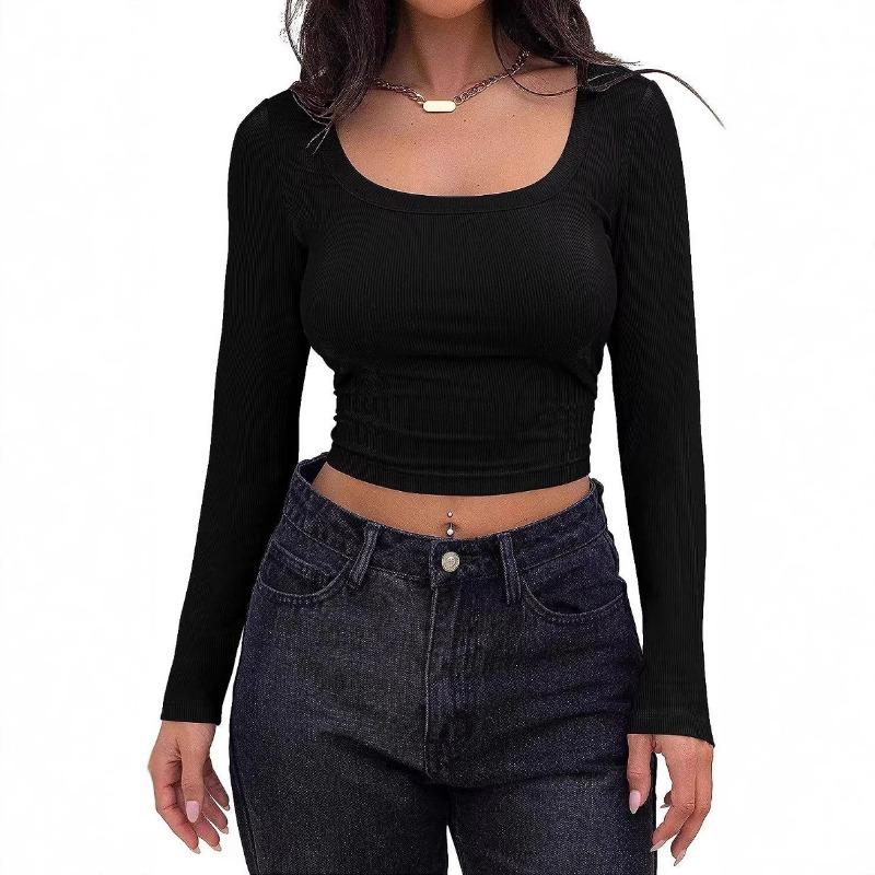 Womens Square Neck Ribbed Knit Long Sleeve Crop Top Casual Solid Color Fitted Blouse