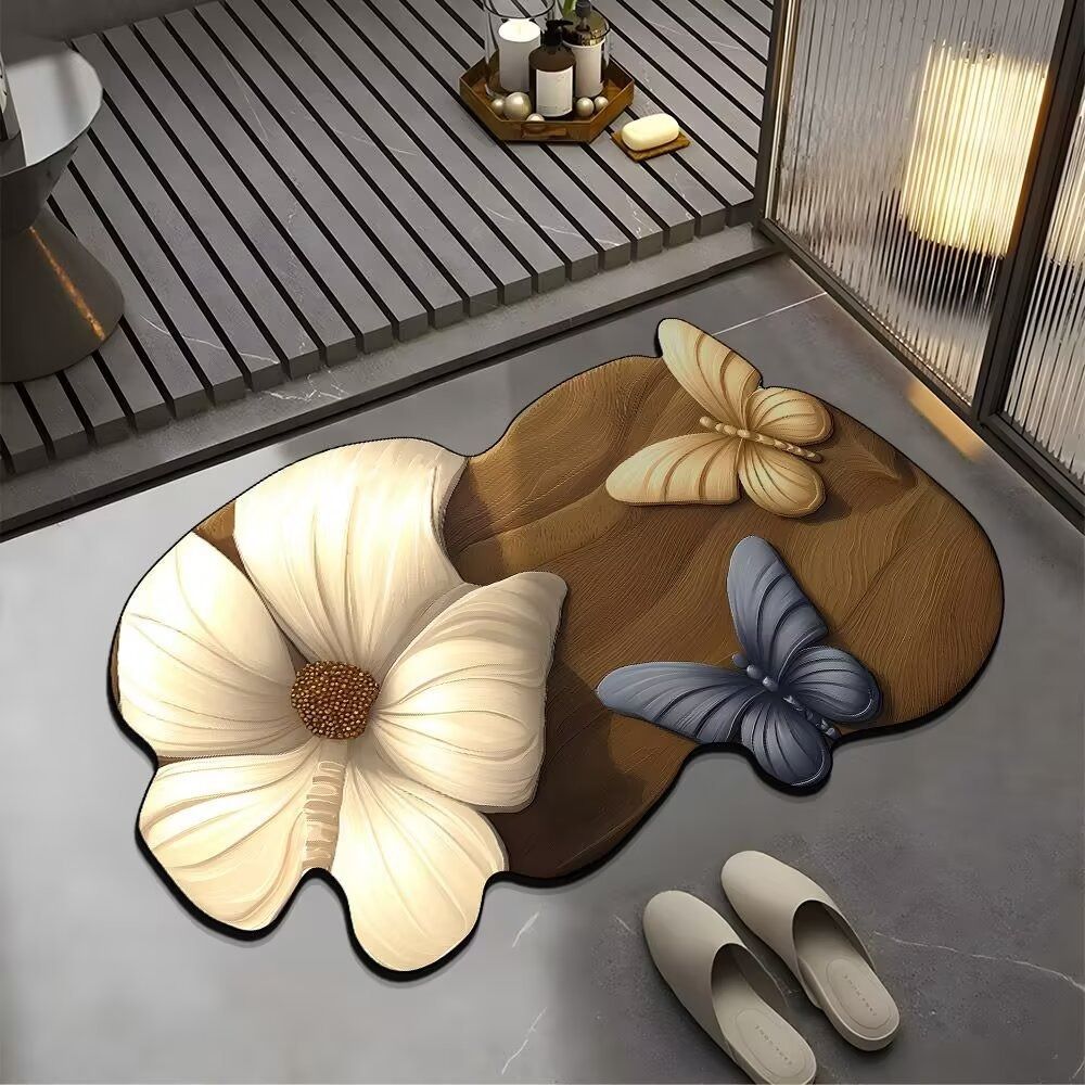 Saugfähige Badezimmermatten 3D Realistische Fußmatte Blume Schmetterling Badematte für Badezimmer Schlafzimmer