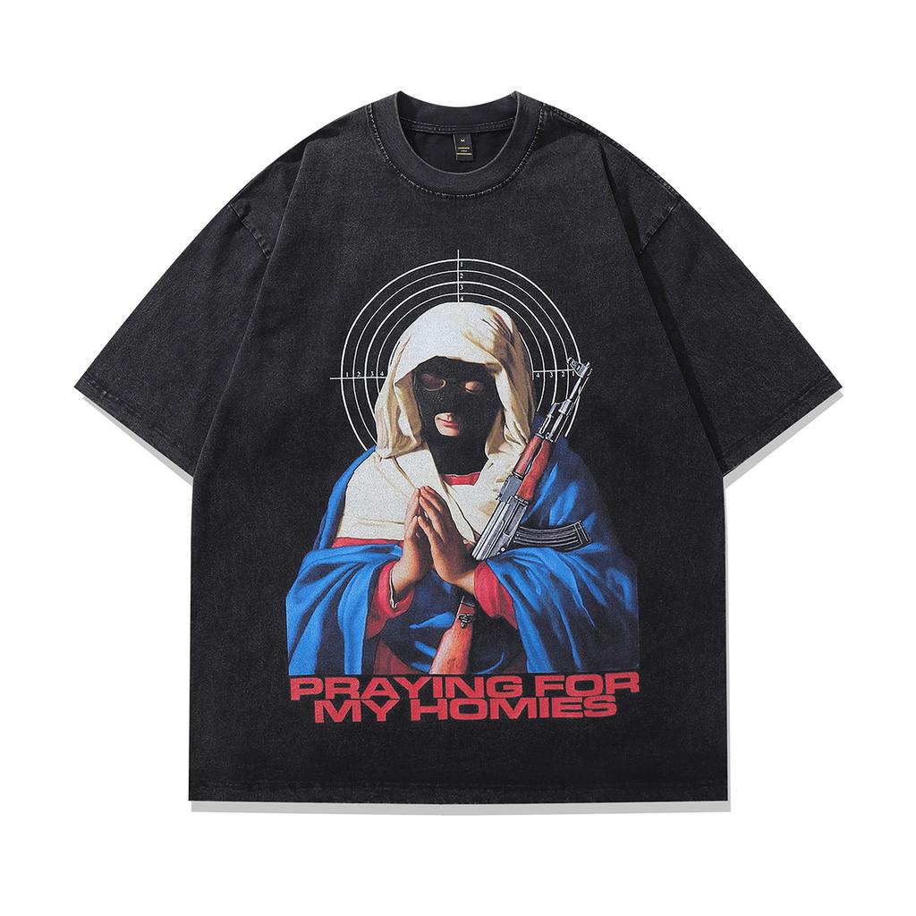 American Cartoon Direct Injection Printing Heavy Weight Small Neckline Washed Old Short-Sleeved T-Shirt Men'S And Women'S Retro Half-Sleeved Tee