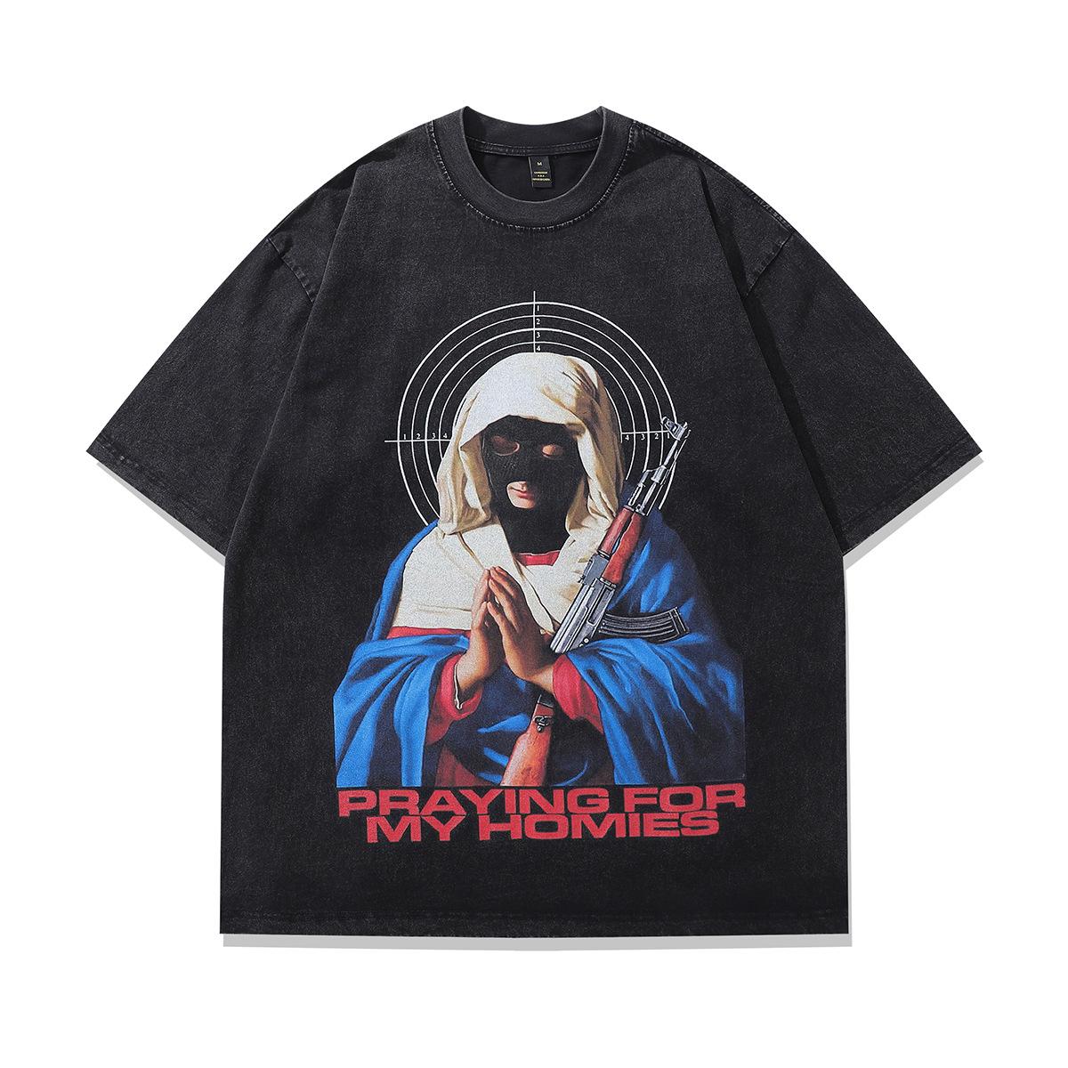 

American Cartoon Direct Injection Printing Heavy Weight Small Neckline Washed Old Short-Sleeved T-Shirt Men S And Women S Retro Half-Sleeved Tee XXL