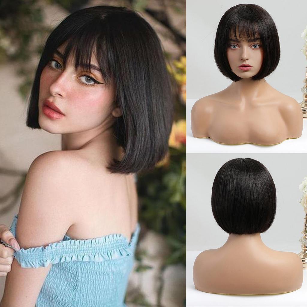HAIRCUBE Ombre Blonde Bob Human Hairs Wig for Women Straight Short Machine Made Human Hair Wigs with Bangs Natural 10inch Wig Daily Use