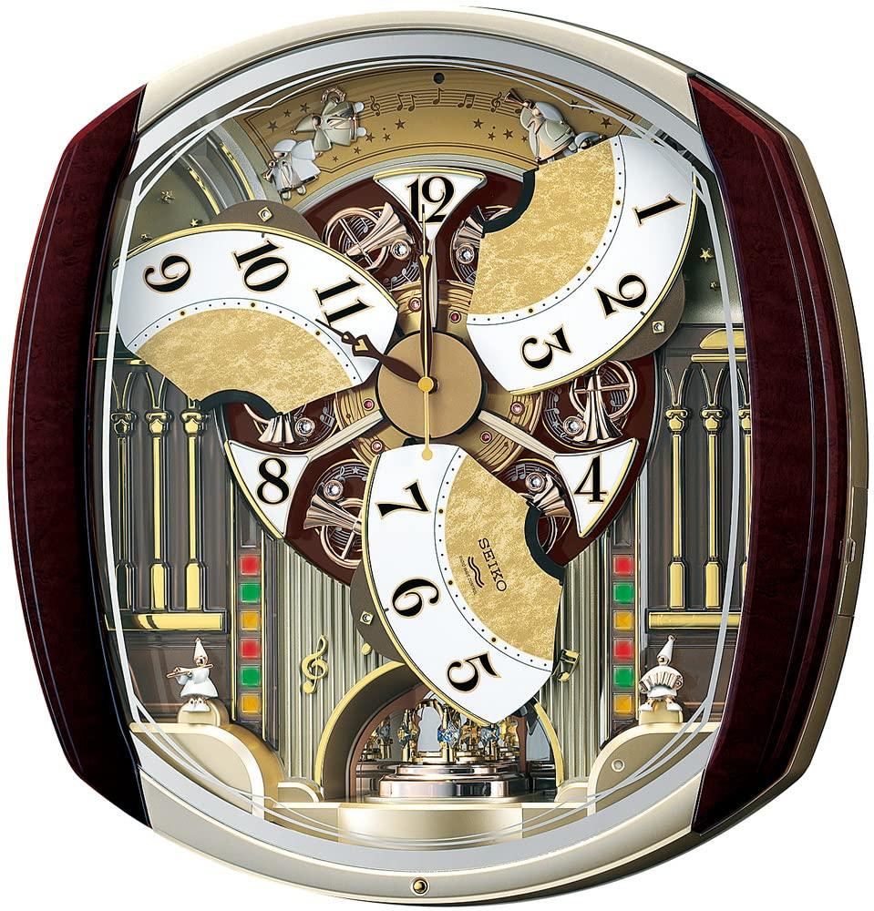 Seiko Nástěnné hodiny Karakuri s rádiem, analogové Karakuri, 6 skladeb, melodie, rotující dekorace, tmavě hnědý mramorový vzor RE564H