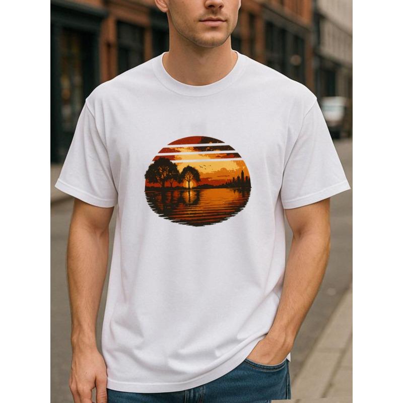 

European sizes City Silhouette Frame Sunset Men s Printed Short-sleeved Shirt, New Trendy Men s Wear, Medium Elasticity Fashionable Style 4XL білий