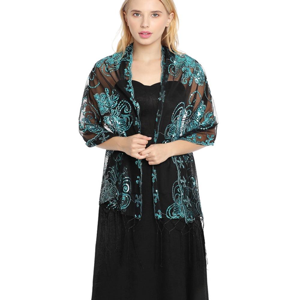 Women Evening Dress Wedding Shawl Solid Color Tassel Party Shawl Scarf Sequined Flower Chiffon Silky Scarf