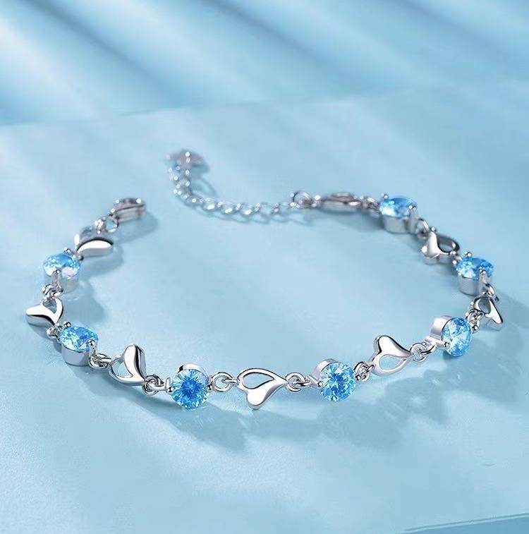 925  Silver Heart Shaped Bracelet for Women Vintage Korean Versatile Blue Crystal Charm Bracelets Original Party Jewelry