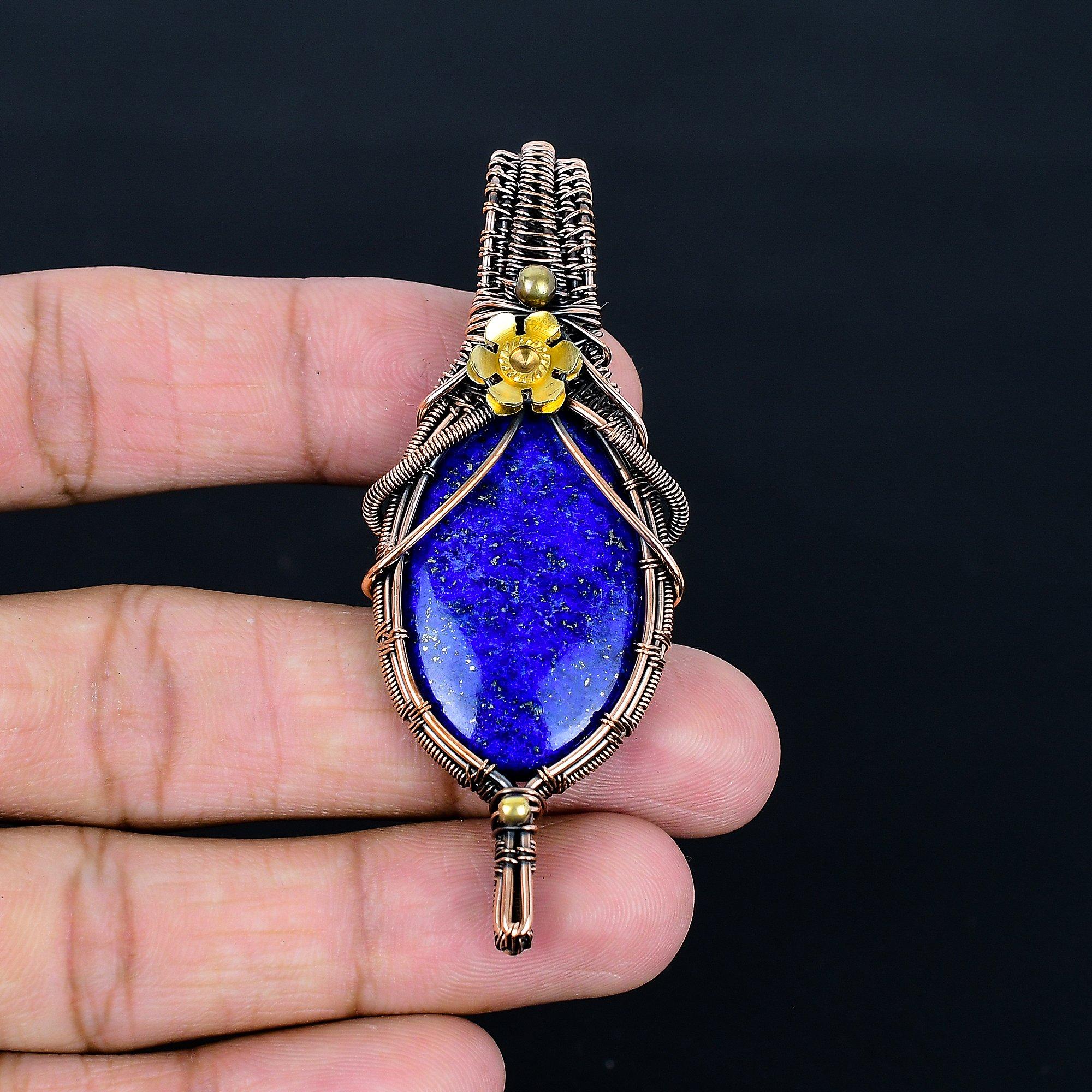 

Подвеска из лазурита, ювелирное изделие из драгоценного камня ручной работы, подвеска, обернутая медной проволокой 999 пробы, ювелирная подвеска уникального дизайна 2.55 Inches