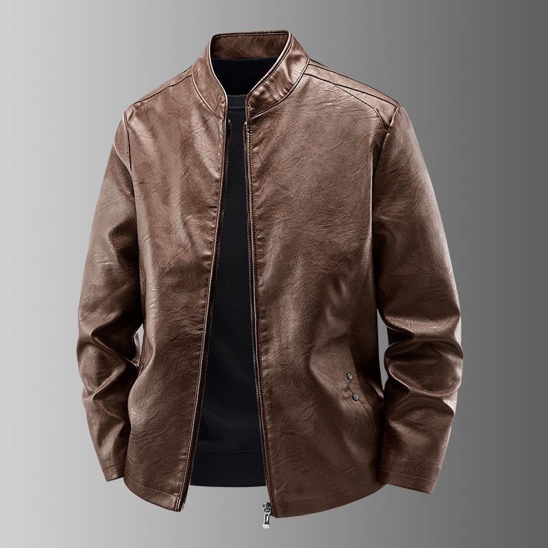 Men's Slim Fit Genuine Leather Jacket with Stand Collar and Velvet Lining - Casual Motorcycle Outerwear