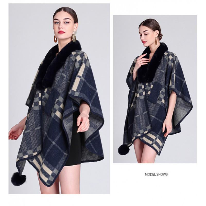 920 Womens Faux Rabbit Fur Collar Knit Cape Cardigan Loose Fit Plaid Winter Coat