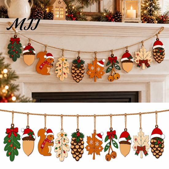 Rustic Holiday Room Decor Christmas Forest Theme Pendant, Wooden Hanging Ornaments with Squirrels Acorns and Pine Farmhouse Decorations Cones,