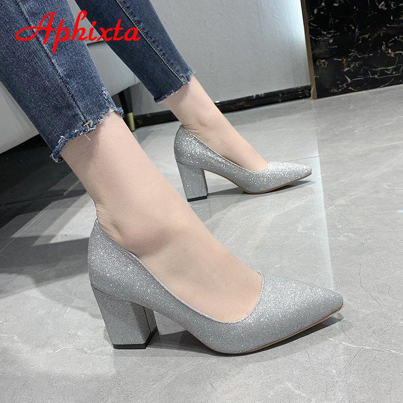 Fashion Aphixta Pointed Toe Shoes Women Pumps 7.5cm Career Square Heels Bling Fashion Work Office Party Shoes Super Big Size 49 50
