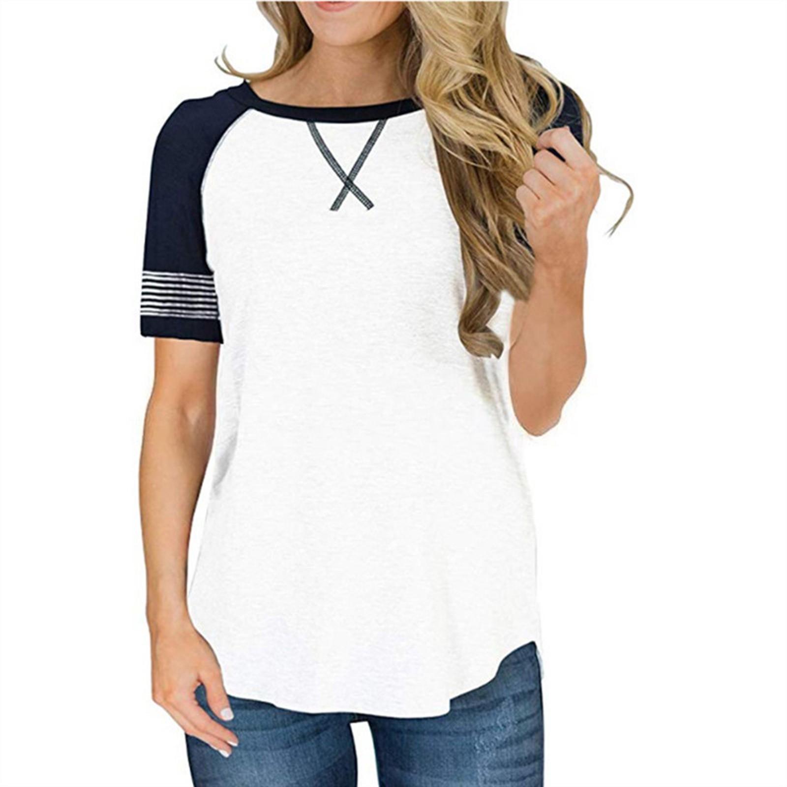 Women s Casual Color Matching Striped Round Neck Short Sleeve Tops XXL белый