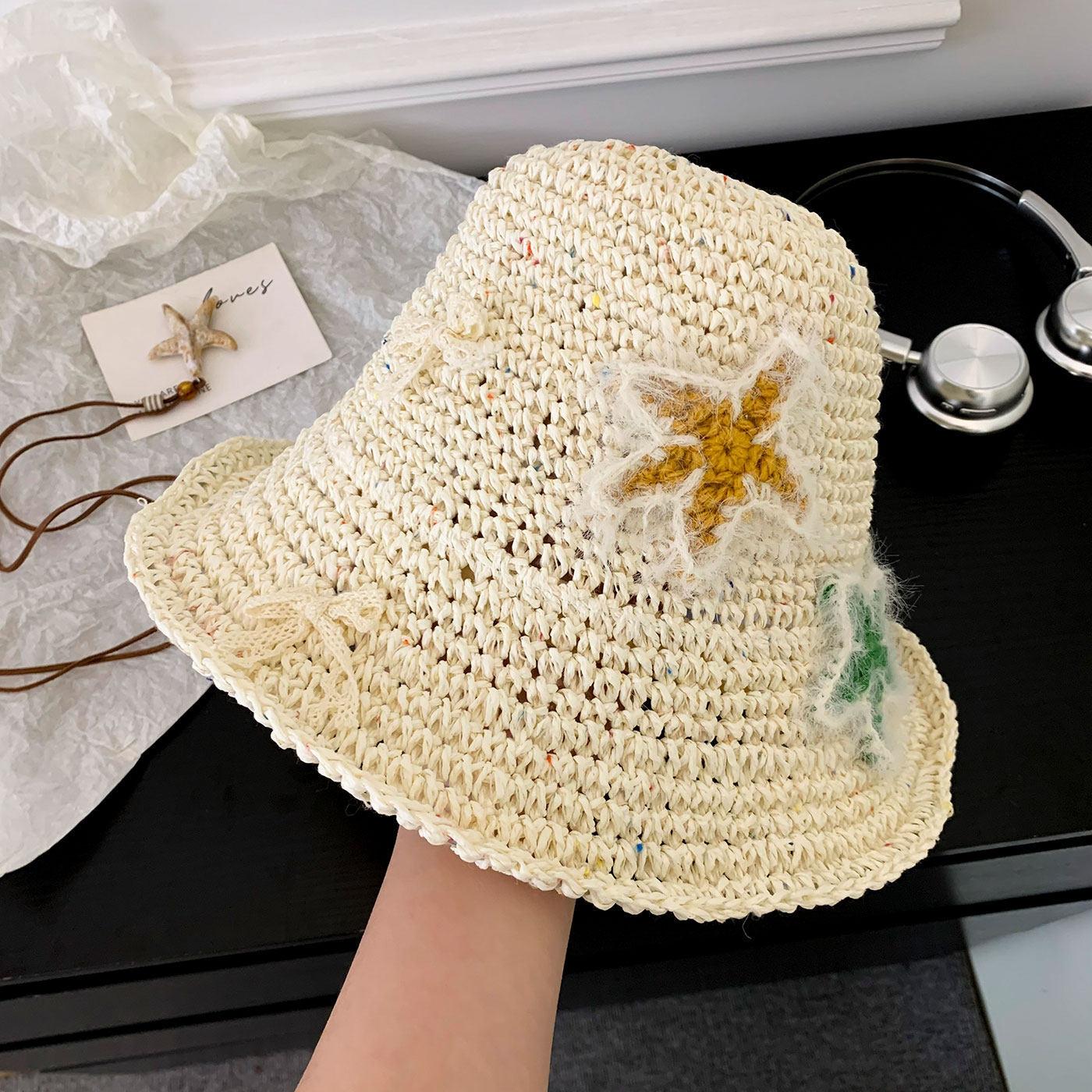 

Women Hats Handmade Knitted Star-shaped Open-work Bucket Hat Summer Seaside Vacation Beach Sun Protection Caps for Ladies бежевый