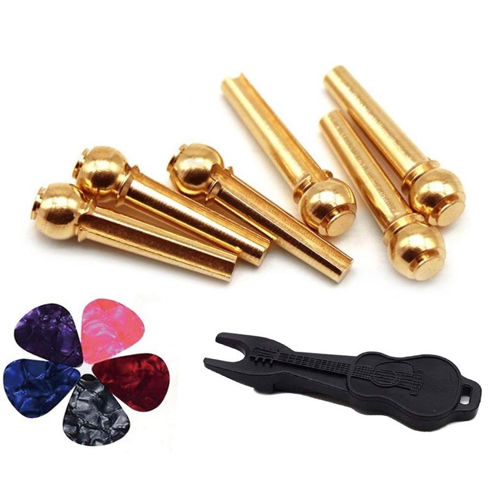Pack of 6 Acoustic Guitar  Brass Column String Staples  5 Picks Nail Starter