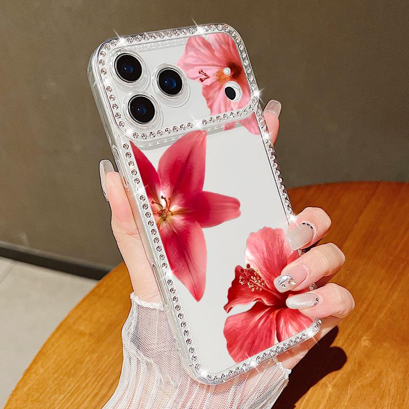 Pink Flowers Bling Diamond Case For iPhone 17 Air 16e 16 14 15 13 12 Pro Max 15 16 Plus 11 Glitter Soft TPU Silicone Phone Cover